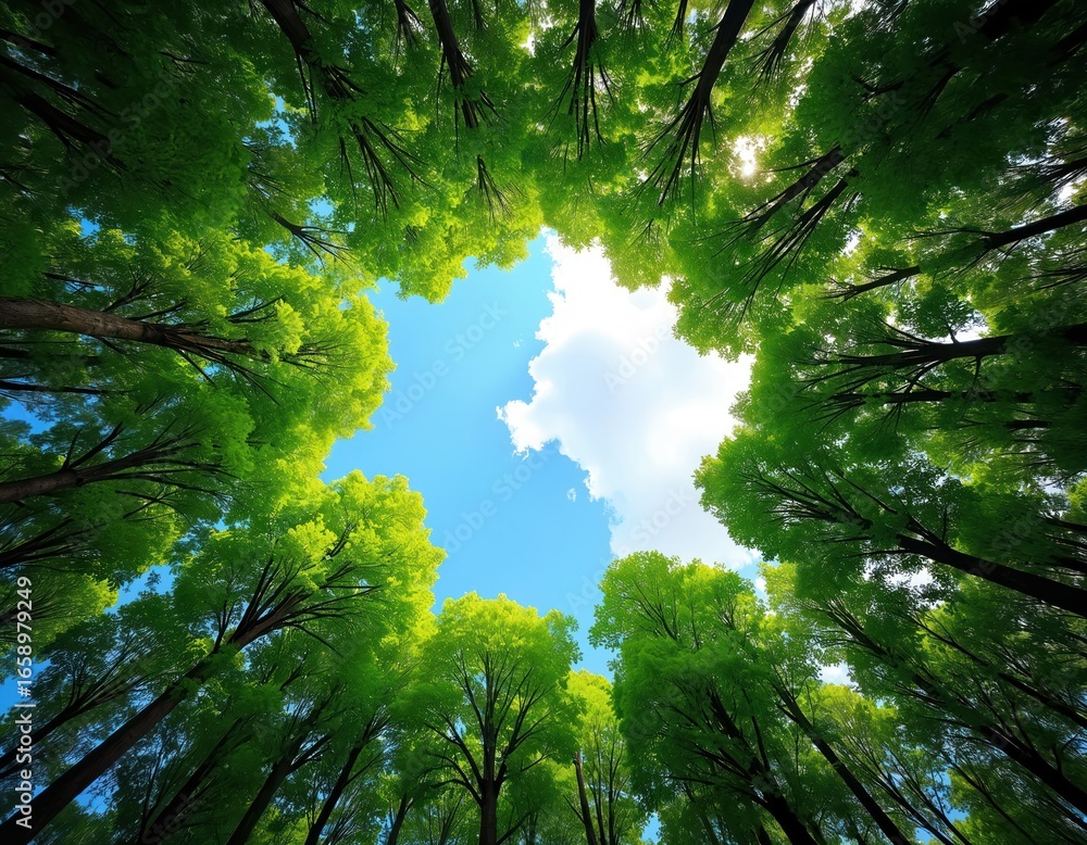 Poster upward view of lush green forest trees forming circle towards blue sky. sunlight filters through fol