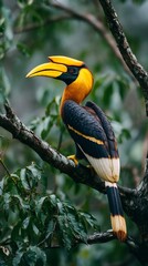 Fototapeta premium Great hornbill bird vibrant yellow beak in dense forest exotic wildlife mobile wallpaper and tropical nature background