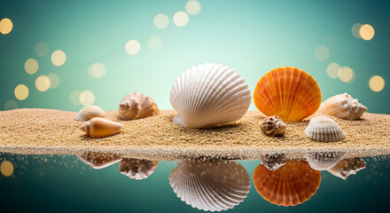 Coastal treasures reflected in serene waters: a collection of seashells adorn golden sands under a tranquil turquoise sky evoking memories of summer days and seaside escapes