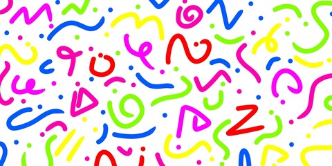 Colorful abstract doodles, geometric shapes, and decorative lines on white background. Perfect for wallpaper, wrapping, or creative design