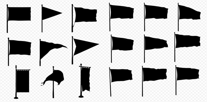 A diverse collection of black flag silhouettes, featuring various shapes like pennants and banners waving on flagpoles.
