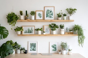 Stylish Home Office Decor With Plants On Wooden Shelves