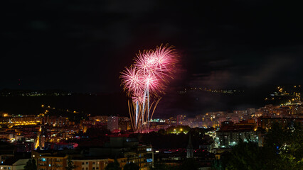 Bilbao, Spain – Fireworks lighting up the night sky during Aste Nagusia festivities, launched...