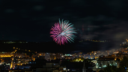 Bilbao, Spain – Fireworks lighting up the night sky during Aste Nagusia festivities, launched...