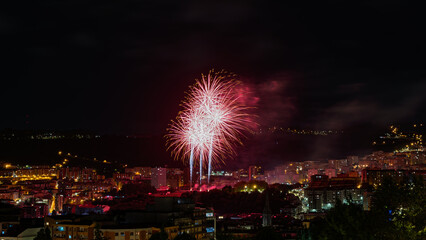 Bilbao, Spain – Fireworks lighting up the night sky during Aste Nagusia festivities, launched...
