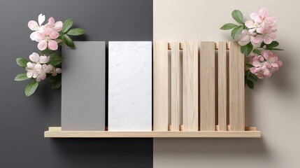 Wooden Shelf Displaying Blank Cards And Wooden Crate Decorated With Pink Flowers
