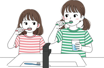 Children brushing teeth, morning hygiene routine, dental care, healthy habits, bathroom sink, siblings, oral health, striped shirts, family care, toothbrush