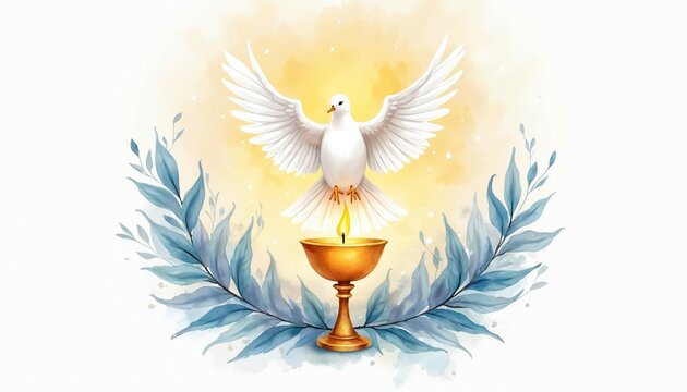 Watercolor illustration of white dove with outstretched wings, hovering above golden chalice with burning flame. Delicate blue leaves frame central religious symbol, evoking themes of peace, faith,