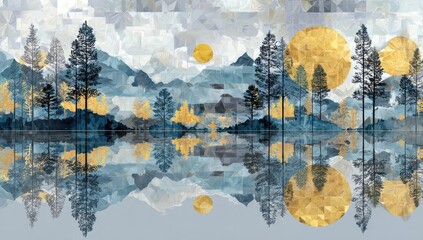 Abstract landscape reflecting on water.  Geometric shapes and golden sun