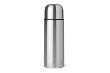 Metallic thermos flask on transparent background, ready for customization