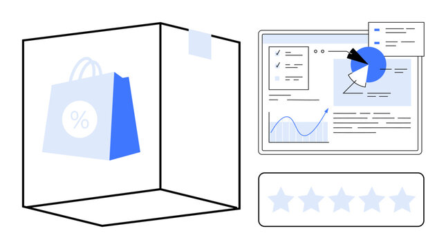 Shopping bag with a discount, analytics dashboard showing charts, and 5-star rating visual. Ideal for e-commerce, online business, data analysis, reviews, retail strategy, marketing simple landing - Powered by Adobe