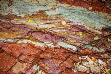 Layers of brightly colored clay exposed in a ravine