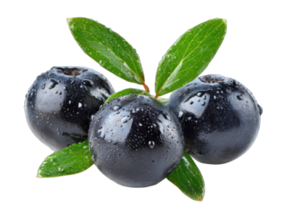 Close-up of three dark-purple berries with fresh green leaves.  Water droplets cling to the glossy surface