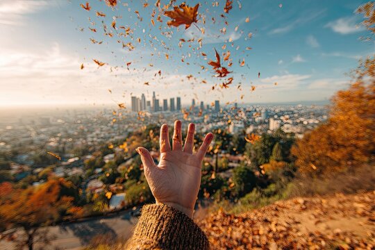 Hand reaching for autumn leaves over a city - Powered by Adobe
