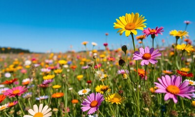 Fototapeta premium A vibrant, expansive field of diverse wildflowers bursts with color under a clear blue sky, bathed in bright sunshine.