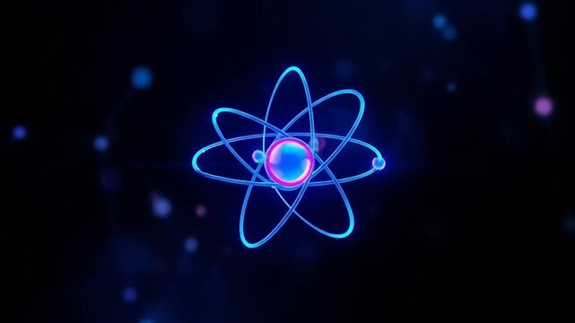 Glowing blue and purple atom model with orbiting electrons, abstract science background, energetic and futuristic technology. 4k video