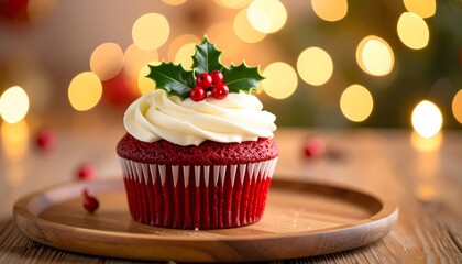 Festive treat! A red velvet cupcake topped with white frosting and holly berries, sitting on a wooden plate. A perfect holiday dessert.