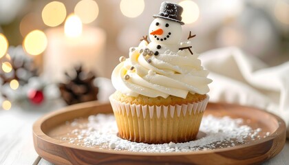 Delightful winter scene of a festive dessert; a cupcake decorated as a snowman, a sweet indulgence in a holiday setting, Christmas cheer