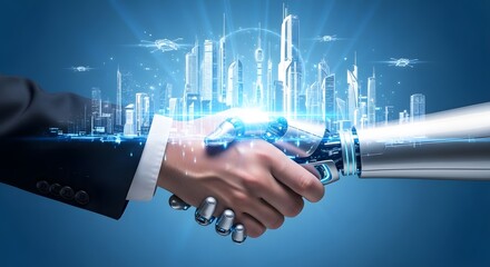AI and human collaboration shown as hands shaking against cityscapes. Sparkles and drones accentuate the futuristic tech theme. 