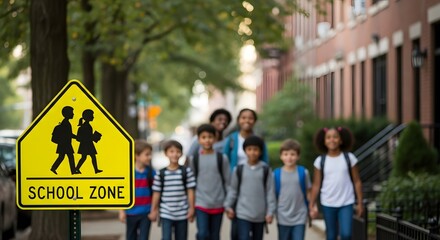 Obraz premium A group of elementary children walking down a sidewalk next to a school zone sign. Children are walking to school.