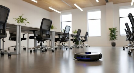 Robot vacuum cleans an open office. The device moves across the room, promising spotless floors, efficient automation and a clean environment.
