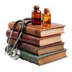 Books stacked with medical bottles and stethoscope symbolize healthcare knowledge and practice. This evokes sense of learning and professionalism in medical field