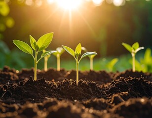 Young plants sprout from fertile soil under a bright sunrise