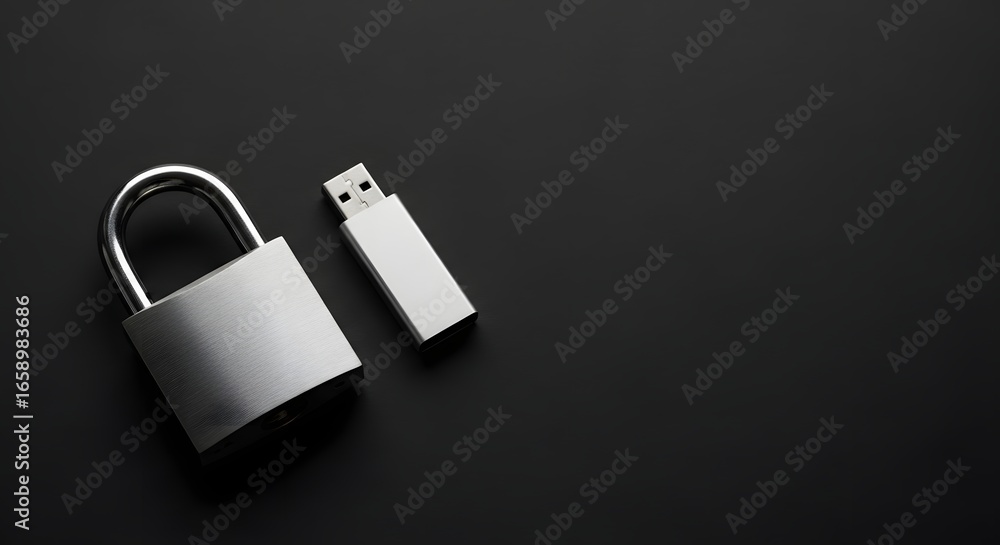 Poster a padlock and a memory stick are placed on a dark, plain background. the objects are simple, modern,
