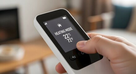 Hand holding a device, 'heating mode' displayed on screen. Temperature is set to 22 degrees Celsius, equivalent to 72 degrees Fahrenheit.