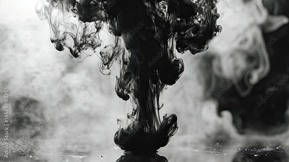 Poster dramatic black ink swirling in water creating abstract and smoky patterns with an artistic visual