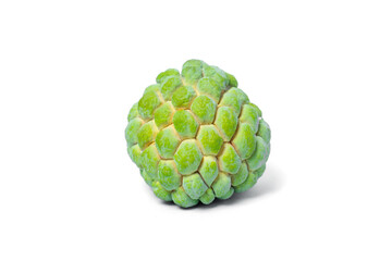 A fresh green custard apple fruit with unique scaly skin pattern on white background, symbolizing exotic tropical flavor, sweet taste, organic nutrition, and healthy lifestyle.
