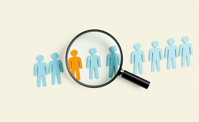 A paper cut art piece shows a magnified orange figure among blue figures, highlighting individuality or a search.