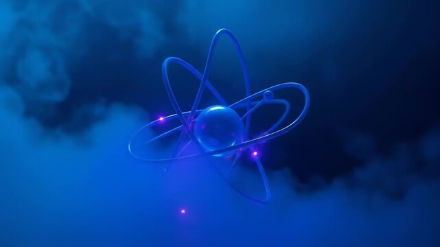 Glowing blue and purple atom model with orbiting electrons, abstract science background, energetic and futuristic technology. 4k video