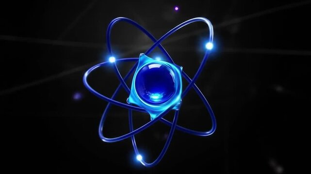Glowing blue and purple atom model with orbiting electrons, abstract science background, energetic and futuristic technology. 4k video