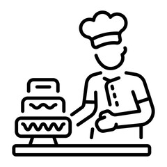A linear icon depicting a character baking cake