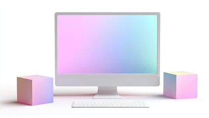 Modern computer mockup with pastel cubes