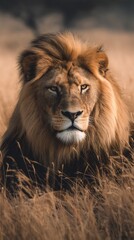 Obraz premium Lion golden mane lying in savanna grass regal wildlife mobile wallpaper and strength themed background
