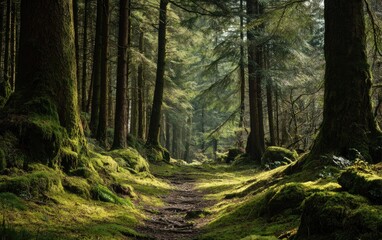 Lush forest path in a mossy woodland
