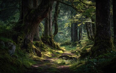 Naklejka premium Sunlit path through a dense, mossy forest