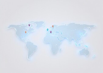 A glowing 3D world map with colorful location pins highlights global presence and connection on a clean white background.