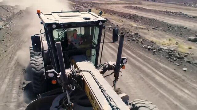Aerial Perspective of a Motor Grader Smoothing Dirt Road at Industrial Site