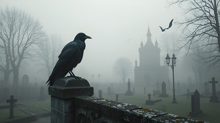 Large black raven perching on a cemetery wall, overlooking a foggy graveyard on halloween morning, creating a haunting and atmospheric scene filled with mystery and eeriness