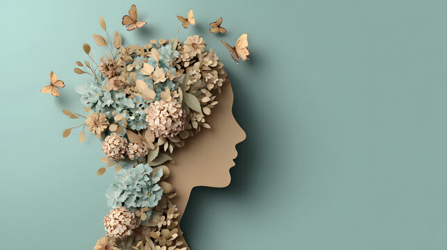 Cardboard silhouette of human head decorated with flowers and butterfly on mint background World mental health day concept Vertical banner Copy space : Generative AI