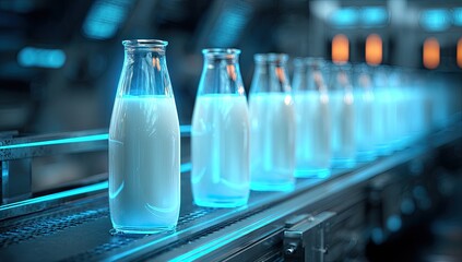 Milk bottles on a conveyor belt in a modern factory (1)