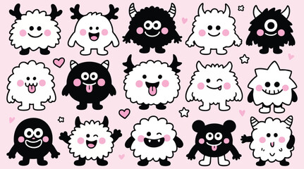 Cute Fluffy Monster Characters Set Black and White Cartoon Illustration