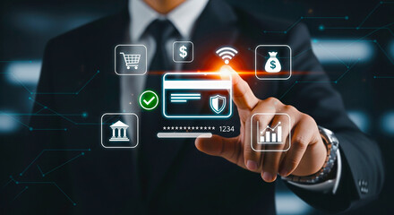 Businessman using digital credit card and online banking with secure transactions for global finance
