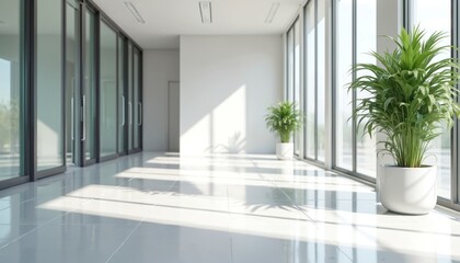 Fototapeta premium Modern office interior hallway with polished white epoxy floor. Bright, spacious, minimalist design with large windows casting sunlight. Clean, contemporary architecture creates pro, airy business