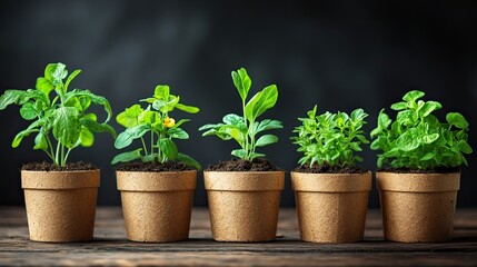 Obraz premium Five potted plants on a wooden surface against a dark backdrop showcase growth and greenery