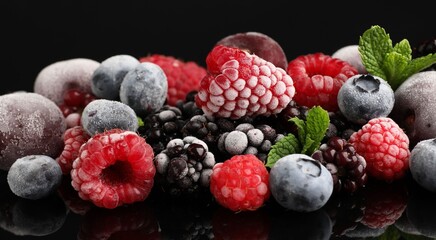 Many different frozen berries and mint on black table, closeup