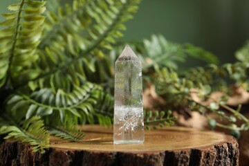 Aura. Beautiful crystal on stump and green plants against blurred background